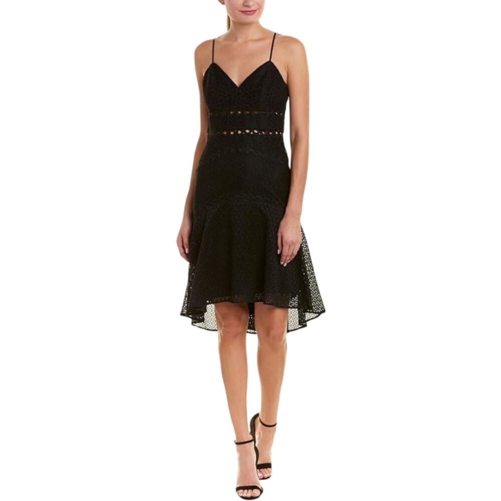 Bardot Ariana Eyelet Crochet Lace Fit & Flare Mini Dress Black V-Neck NWOT Sz 8